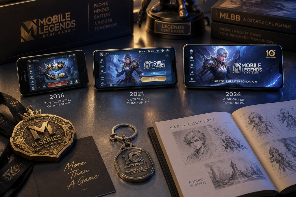 Evolusi game Mobile Legends dari tahun 2016 hingga perayaan anniversary ke-10 tahun 2026.