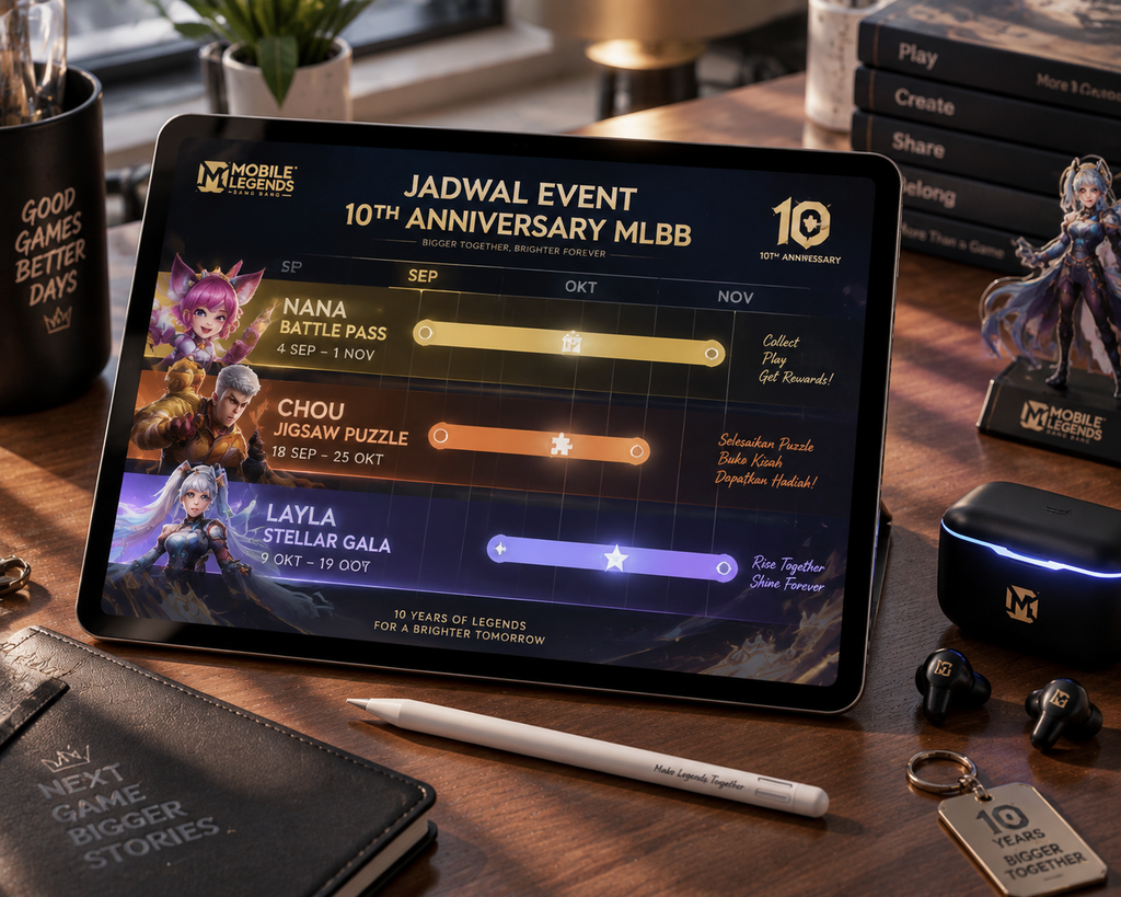 Kalender jadwal lengkap periode klaim skin Nana, Chou, dan Layla pada Anniversary ke-10 MLBB 2026.