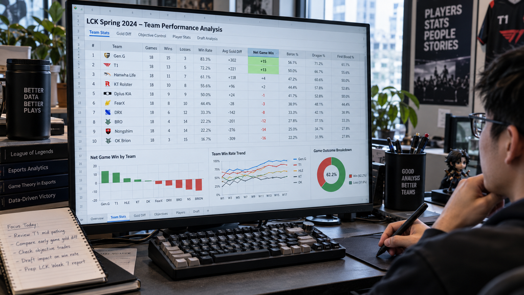 Analis esports meneliti spreadsheet yang membandingkan metrik Net Game Win antara TLID (+15) dan NAVI (+13) di monitor komputernya.