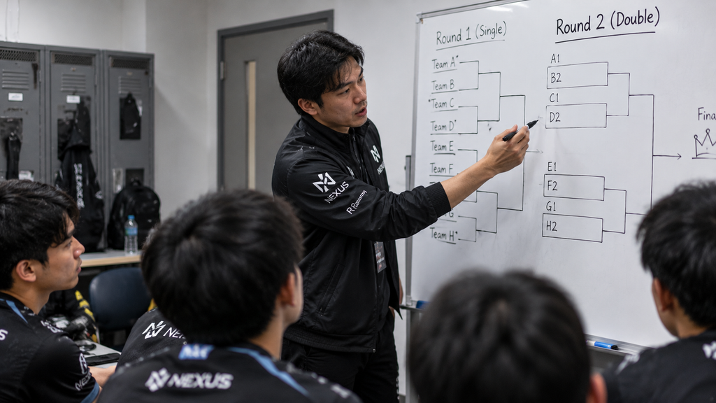Pelatih tim menjelaskan bagan turnamen (bracket) eliminasi tunggal dan ganda untuk babak playoff kepada para pemainnya di ruang ganti.