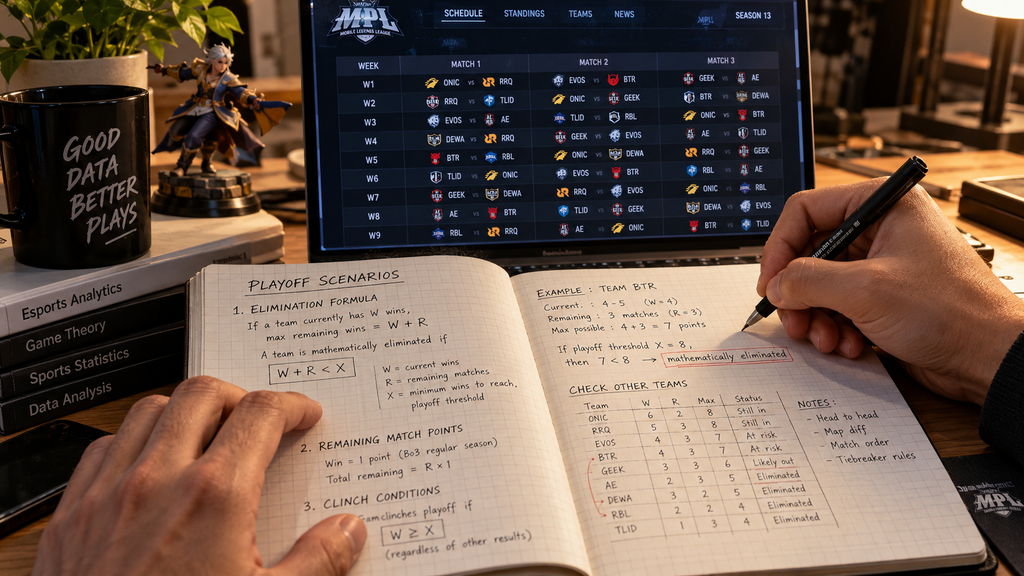 Seorang analis esports mencatat skenario poin maksimal dan simulasi sisa pertandingan reguler season pada buku grafik.