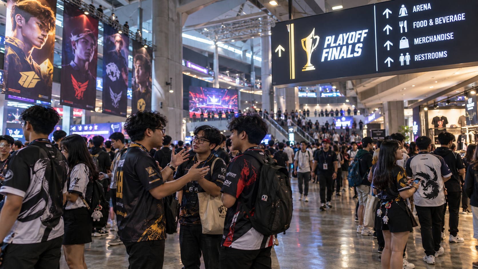 Kerumunan suporter esports memadati tribun stadion menantikan persaingan perebutan enam tiket babak playoff MPL ID S18 di Surabaya.